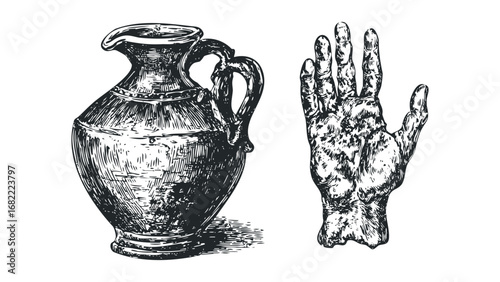 Engraved Ancient Jug and Raised Hand on Transparent Background. Vector hand drawn illustration