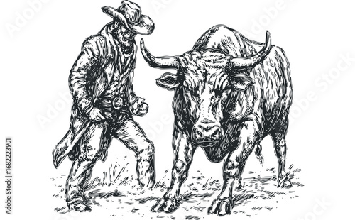 Cowboy facing a powerful bull in a gritty sketch style. Vector hand drawn illustration