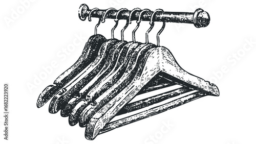 Wood Clothes Hangers on a Rail Sketch. Vector hand drawn illustration