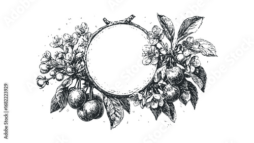 Orchard fruit and blossom frame with empty circle for text. Vector hand drawn illustration