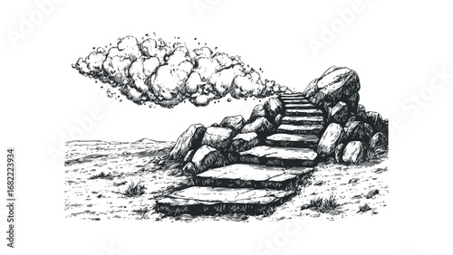 Ascending stone steps disappearing into a textured, wispy cloud formation. Vector hand drawn illustration