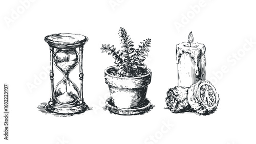 Sketch of hourglass, potted succulent, and lit candle with wood slices. Vector hand drawn illustration