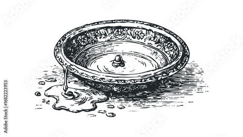 Ornate bowl with liquid spilling onto textured surface. Vector hand drawn illustration