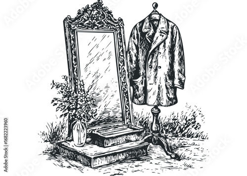 Ornate mirror and vintage coat on mannequin display outdoors with floral arrangement. Vector hand drawn illustration