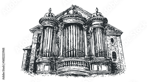 Antique Pipe Organ Facade Line Art Sketch on Transparent Background. Vector hand drawn illustration