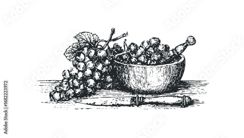 Sketch of Grapes in Bowl with Knife on White. Vector hand drawn illustration