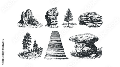 Hand Drawn Collection Of Unique Rock Formations And Trees On Transparent Background. Vector hand drawn illustration