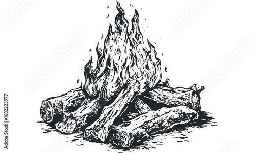 Burning logs in a campfire with flames. Vector hand drawn illustration
