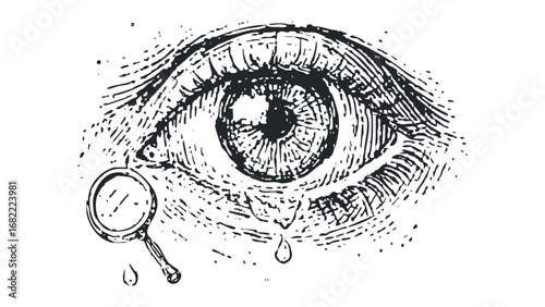 Monochromatic close-up of a crying eye with a magnifying glass. Vector hand drawn illustration
