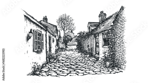Hand drawn sketch of a cobblestone lane between old buildings and a bare tree. Vector hand drawn illustration
