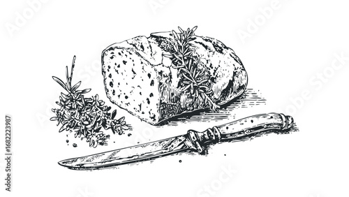 Loaf of bread with rosemary sprigs and a carving knife. Vector hand drawn illustration