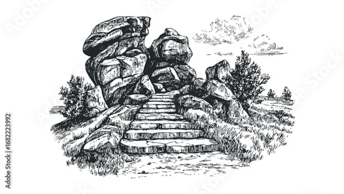 Hand drawn rock formation with stone steps leading upwards through grassy terrain. Vector hand drawn illustration