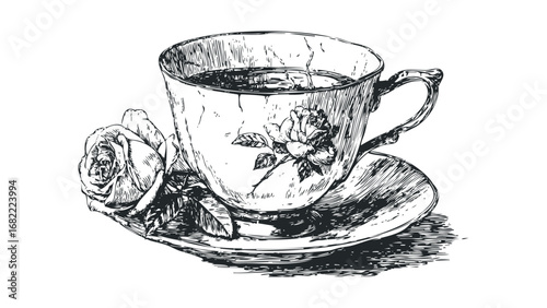 Vintage Tea Cup with Rose and Saucer Sketch. Vector hand drawn illustration
