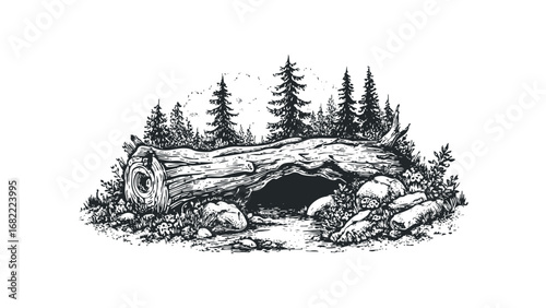 Log burrow with creek and evergreen forest scene. Vector hand drawn illustration