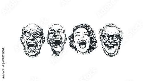 Four expressive faces laughing heartily with wide open mouths. Vector hand drawn illustration