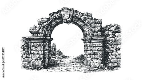 Antique Stone Archway with Cobblestone Path in Engraving Style. Vector hand drawn illustration