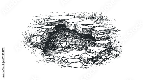 Sketch of a natural opening in rock formations with water and vegetation. Vector hand drawn illustration