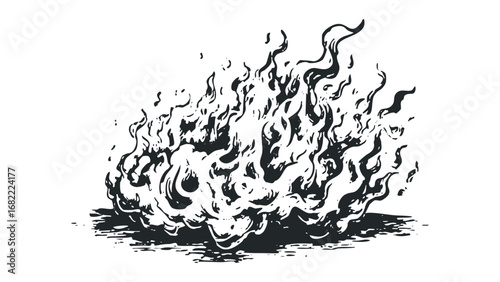 Abstract depiction of dynamic black fire with flowing flames. Vector hand drawn illustration
