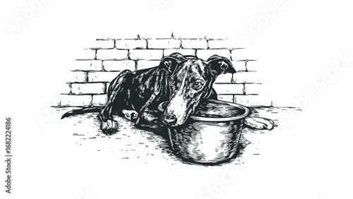 Sad dog waiting with empty bowl near brick wall in sketch style. Vector hand drawn illustration