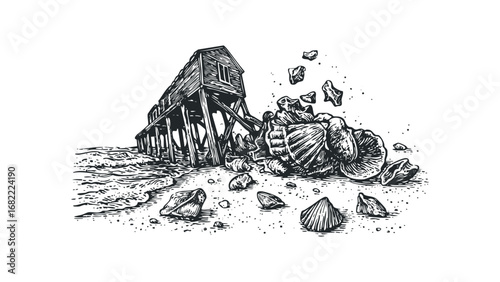 Wooden pier structure partially submerged in choppy water with scattered seashells on a sandy shore. Vector hand drawn illustration