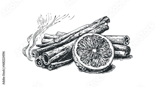Black and white sketch of cinnamon sticks and a citrus slice with steam. Vector hand drawn illustration