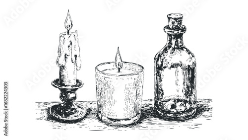 Candle in candlestick and glass beside stoppered bottle on wooden surface. Vector hand drawn illustration