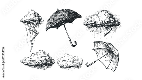 Hand Drawn Rain Clouds with Lightning and Umbrellas Collection. Vector hand drawn illustration