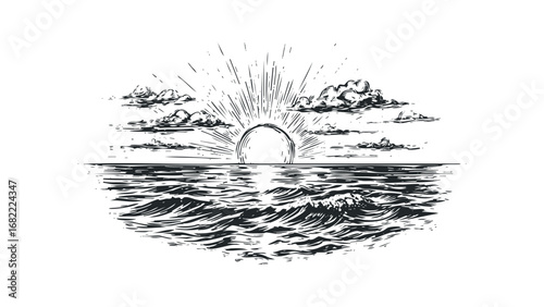 Sun rising over ocean waves with clouds and radiating light. Vector hand drawn illustration