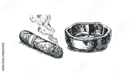 Smoking cigar and ashtray engraving on white. Vector hand drawn illustration