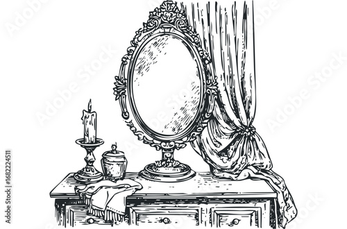 Ornate antique dressing table with oval mirror and candle. Vector hand drawn illustration