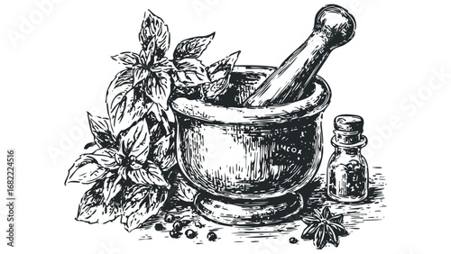 Herbal preparation with mortar, pestle, and spices. Vector hand drawn illustration