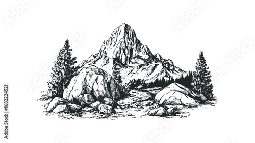 Sketch of Mountain Peak with Pine Trees and Rocks. Vector hand drawn illustration