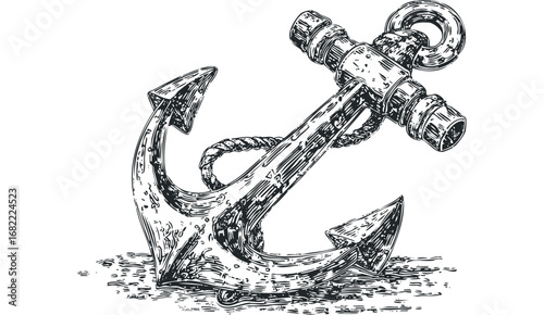 Black and White Sketch of a Nautical Anchor with Rope Detail. Vector hand drawn illustration