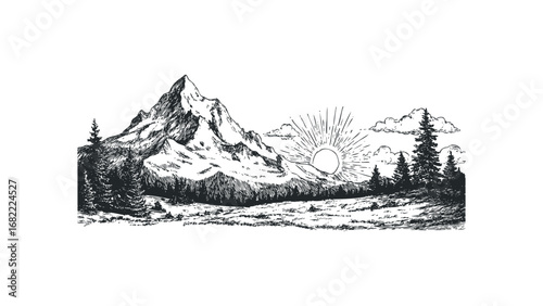 Detailed sketch of majestic snow-capped mountains with evergreen trees and sunburst. Vector hand drawn illustration