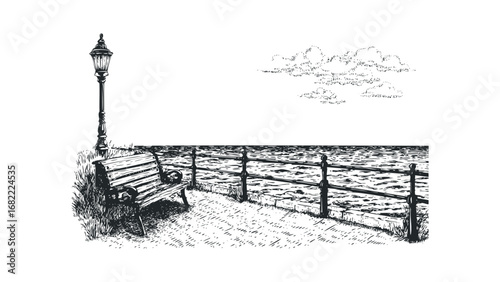 Vintage street lamp and park bench beside water with railing and clouds. Vector hand drawn illustration
