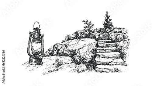 Hand Drawn Sketch of an Old Lantern Next to Rocky Steps Leading Upward. Vector hand drawn illustration