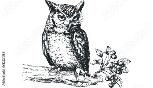 Detailed ink sketch of an owl perched on a branch with berries. Vector hand drawn illustration