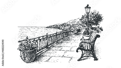 Sketch of a seaside promenade with a bench and a town on a hill. Vector hand drawn illustration