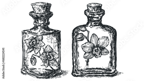 Orchid flowers preserved in vintage glass bottles engraving style. Vector hand drawn illustration