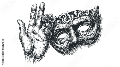 Person covering face with ornate Venetian mask drawing on transparent background. Vector hand drawn illustration