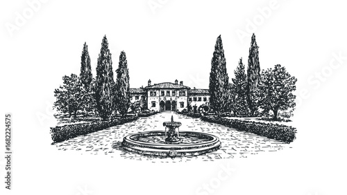 Architectural sketch of a grand manor house with a fountain and trees. Vector hand drawn illustration