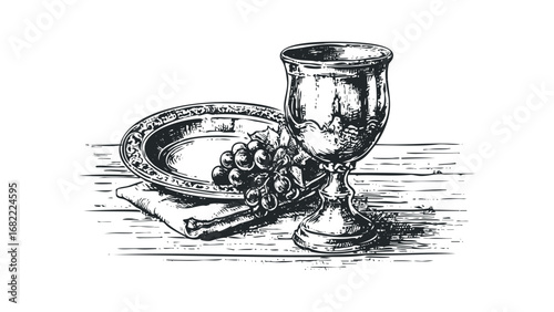 Vintner's Feast Chalice and Grapes on Wood Grain Surface. Vector hand drawn illustration