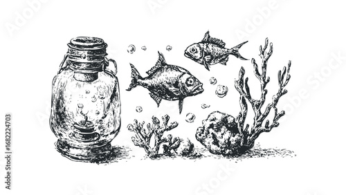 Ink sketch of fish and coral in glass jar. Vector hand drawn illustration