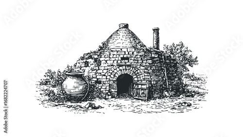 Old stone oven with large pottery vessel outside. Vector hand drawn illustration