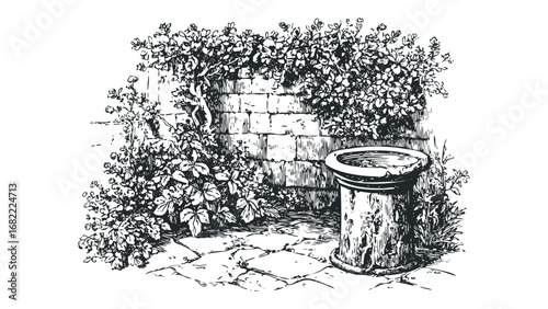 Stone pedestal with water basin surrounded by dense foliage and stone wall. Vector hand drawn illustration