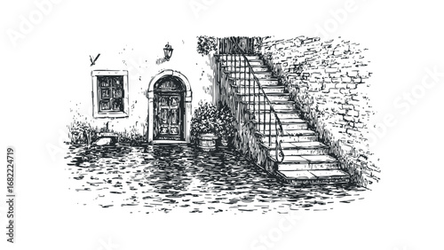 Sketch of an old stone building entrance with a staircase and cobblestone courtyard. Vector hand drawn illustration