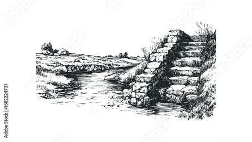 Stone stairway beside stream and grassy landscape. Vector hand drawn illustration