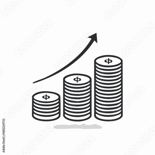 Conceptual vector illustration showcasing financial progress with growing coin stacks and an ascending arrow, representing rising income, investment returns, and wealth accumulation