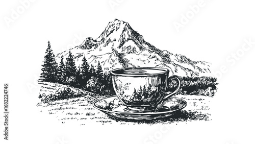 Hand drawn ink sketch of steaming coffee cup with mountains and pine trees. Vector hand drawn illustration