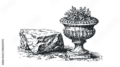 Detailed Ink Drawing of a Stone Rock and Ornate Planter with Foliage. Vector hand drawn illustration